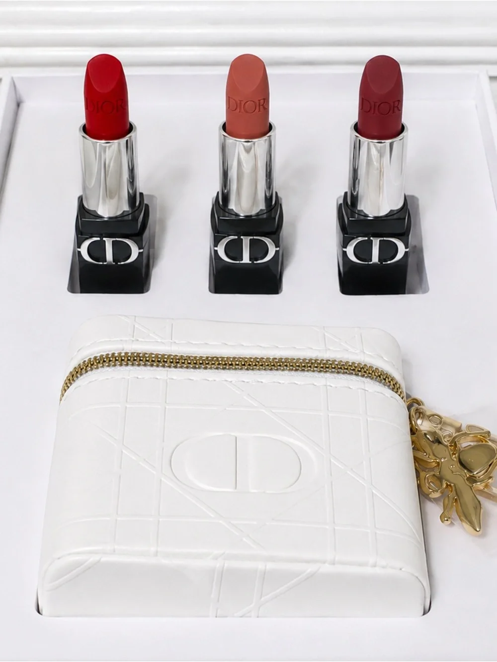 Dior White Embossed Leather Cosmetic Case with Gold Charm Dior exclusive